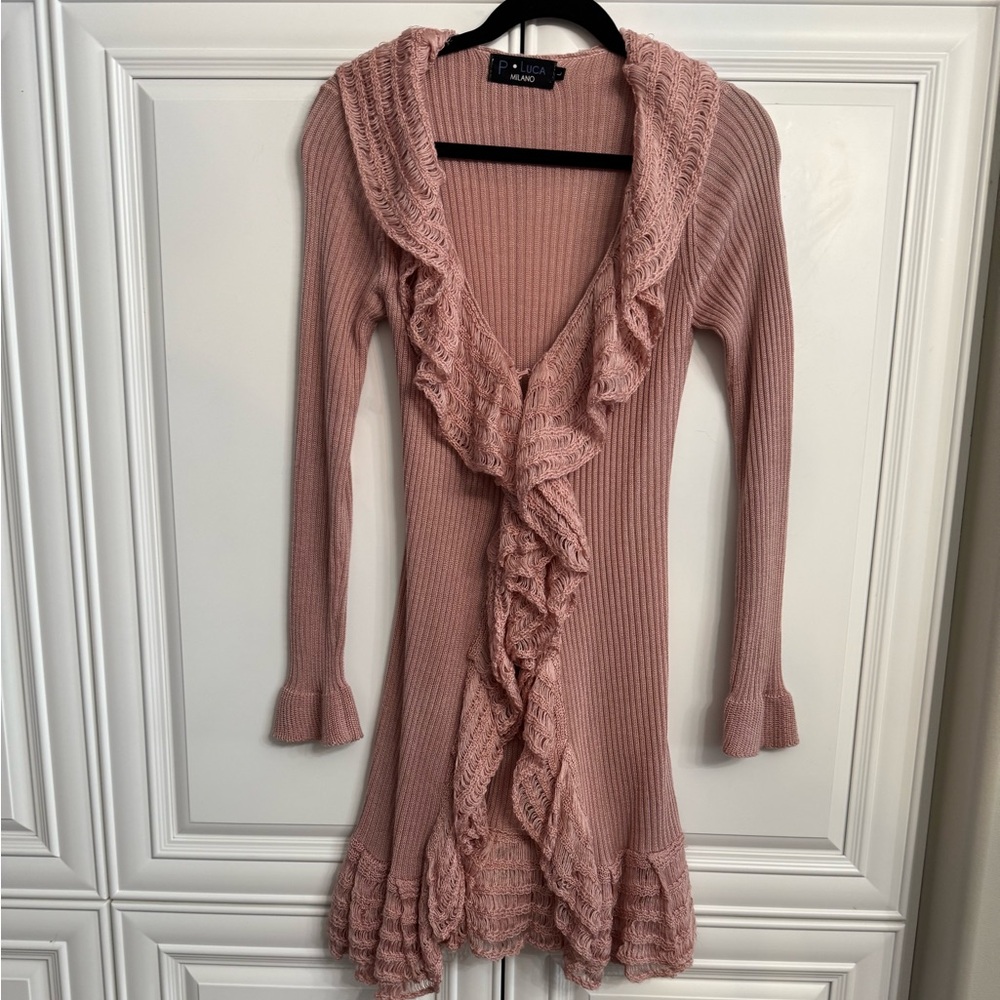 P Luca Milano Sz L Long Cardigan Sweater Ruffle Trim Wool Blend Hook/Eye Closure